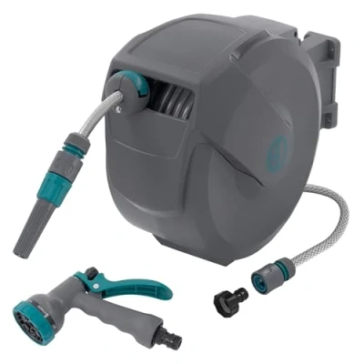 Imagen de ECD Germany Carrete de Manguera 15m + 1,5m Extensible PVC Enrollador Automático Portamanguera con Bloqueo y 9 Funciones Pulverización, Tambor Pared Giratorio 180 para Jardín Exterior