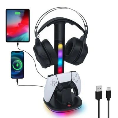 Imagen de Tolesum Supporte para PS5, Cargador de Controlador Soporte Auriculares RGB Controladores DualSense PS5 y Edge, con 2 Puertos Carga USB Negro
