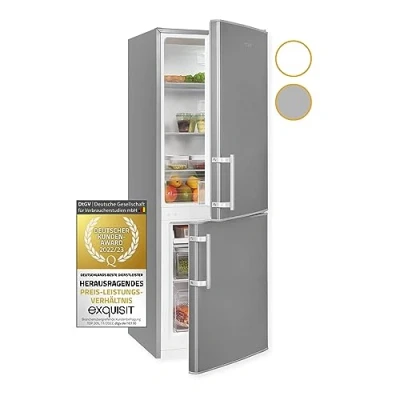 Imagen de Exquisit® Frigorífico Combi, 173L, Clase D, Cajón Verdulero, Estantes de Cristal, Pies Ajustables, Cescongelación Automática, Ideal para tu Cocina, Color Inoxlook, Dimensiones 142,5 x 50,0 56,0 cm