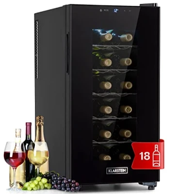 Imagen de Klarstein Vinoteca Pequeña 18 Botellas, Nevera Expositora de Una Zona para Vino y Cerveza, Interior Exterior con Puerta Cristal, Protección UV, Panel Táctil, 4 22C