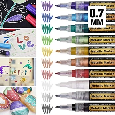 Imagen de Rotuladores metálicos con punta fina, 0,7 mm, permanente, 10 colores para hacer tarjetas, álbum de fotos, recortes, libro visitas, boda, papel, plástico, piedra