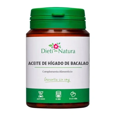 Imagen de Dieti Natura Aceite de Hígado Bacalao 200 Cápsulas con Omega 3, Vitamina A y D3 Pescado EPA &amp; DHA Propiedades Antioxidantes Sin OMG