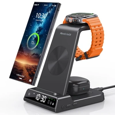 Imagen de Cargador Inalambrico para Samsung, 3 in 1 Wireless Charger Samsung für Galaxy S24 Ultra/S23/Z Flip 6/Z Fold 6, Base de Carga con Reloj Digital Watch Ultra/7/6, Buds Pro