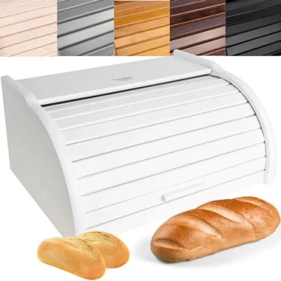 Imagen de Creative Home Grande Panera Madera Contenedor para Pan Blanco 38 x 28,5 17,5 cm (+/ 1cm) de Haya Natural Recipiente con Tapa Enrollable Guardar Bollos Alimentos Secos