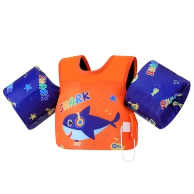 Imagen de MoKo Chaleco de Natación para Niños, Flotadores Brazo Niños 20 50 lbs, Agua con Silbato, Bonitos Piscina Playa, Auricular Naranja Azul Tiburón