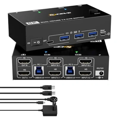 Imagen de KVM Switch 2 PC Monitores HDMI 8K@60Hz, YOUTINGHDAV USB 3.0 4K @ 120Hz, Dual Monitor 2.1 Piezas Ratón Teclado con cables y mando a distancia por