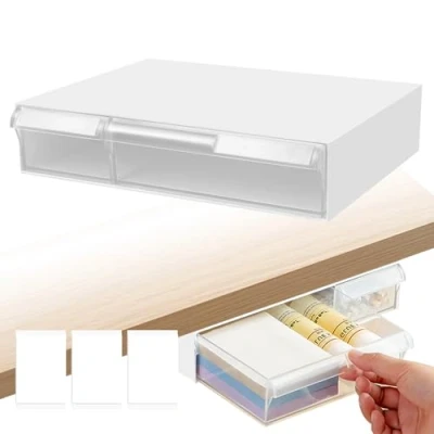 Imagen de Cajon Bajo Escritorio,Cajon Escritorio Mesa Autoadhesivo,Cajones Oculto,Cajones Organizadores Plastico Transparente de 2 Compartimentos para Escritorio, Tocador, Salón