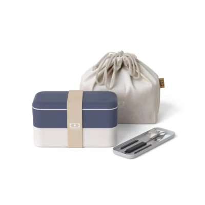 Imagen de monbento Set Fiambrera Lunch Box Natural con Bento MB Original Compartimientos Made in France, Cubiertos Slim Box, Bolsa Pochette M Sin BPA Azul y Crema