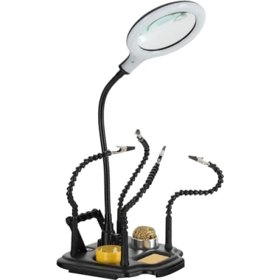 Imagen de Stagecaptain LH 440 soporte de soldador con lámpara aumento Tercera mano ayuda para trabajos manuales y soldadura Brazos flexibles pinza cocodrilo Lupa plegable LED