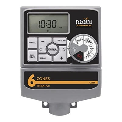 Imagen de Aqua Control C1116 Programador de Riego Automático para Jardín con Transformador y pantalla LCD, Apto hasta 6 Zonas