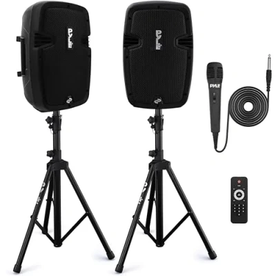Imagen de Pyle Altavoz autoamplificado Bluetooth, 8, PA, Profesional, 700W, Activo, Pasivo, Exteriores, USB/SD/MP3 aux, Pack de 2, Tripodes, Karaoke, Microfono, Control Remoto, Color Negro