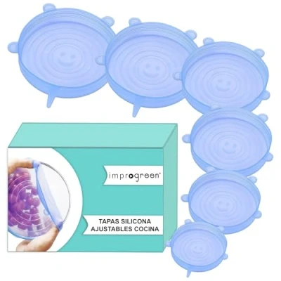 Imagen de Tapas silicona ajustables cocina elasticas adaptables reutilizables Sin BPA aptas para Lavavajillas y microondas mantienen la Frescura evitan derrames azules