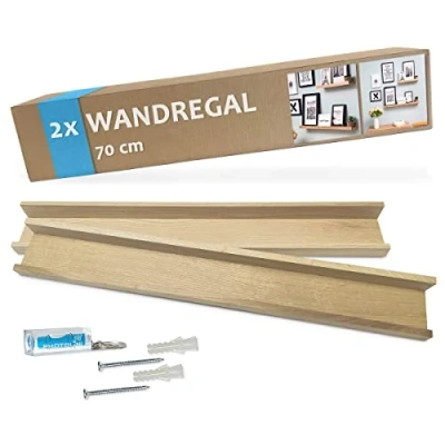 Imagen de PHOTOLINI Juego de 2 estantes para Cuadros Roble Macizo 70 cm Incl. Material Montaje Tablero galería Estante Pared
