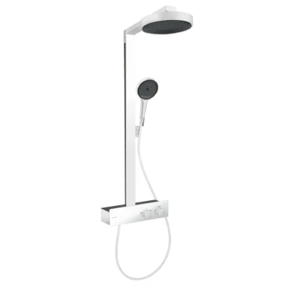 Imagen de hansgrohe Rainfinity, sistema de ducha con termostato, lluvia (250 mm) grifo, mano (3 tipos chorro), flexo, barra, fija redondo (1 tipo blanco mate