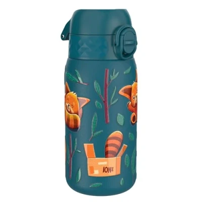 Imagen de Ion8 Botella Agua Acero Inoxidable para Niños, 400ml, a Prueba de Fugas, Fácil Abrir, Cerradura Segura, Apta Lavavajillas, Tapa Abatible, Asa Transporte, Limpiar, Pandas Rojos
