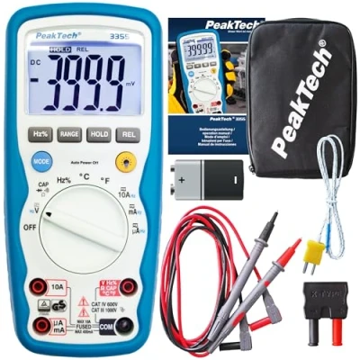 Imagen de PeakTech 3355 Multímetro digital RMS, resistente al agua (IP67), pantalla LCD, 4000 cuentas, portátil, rango automático, REL Data Hold, voltímetro, probador de continuidad CAT III 1000 V