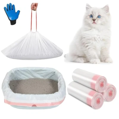 Imagen de Amalan 30 Paquetes Forro Para Bandeja De Arena Gatos con Bolsa CordóN +Guantes masaje peine mascotas, 915x 450x0.03 mm,Adecuado Botes Basura Medianos Y Grandes