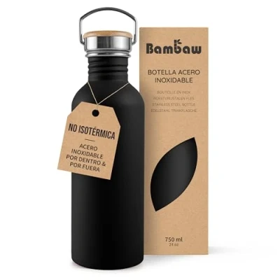 Imagen de Bambaw Botella agua acero inoxidable 750ml No Térmica, de negra, reutilizable, gimnasio, sin BPA Negro total