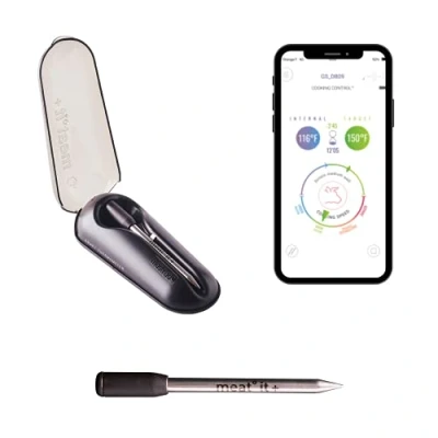 Imagen de Mastrad F74380 Sonda de cocción conectada 100% inalámbrica Compatible con Android e iOS Doble conexión Wi Fi/Bluetooth Control Temperatura + Alertas Inteligentes Largo Alcance Negro, Meat it