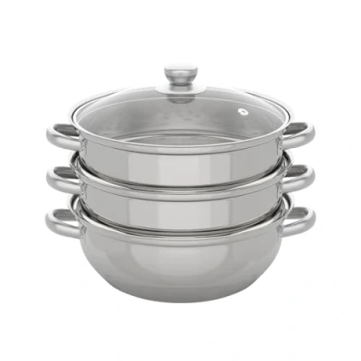 Imagen de MBUYI Mantowarka Vaporera de 3 niveles acero inoxidable pulido, olla a vapor, 28 cm, vapor para cocinar al mismo tiempo sopa, pasta, pescado