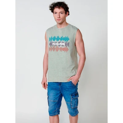 Imagen de Camiseta sin Mangas de Algodón con Cuello Redondo y Detalle Frontal en Color Kaki para Hombre