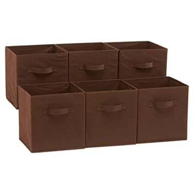 Imagen de Amazon Basics Cubos de almacenamiento tela plegables con asas, 26,6 x 27,9 cm, color marrón, paquete 6 unidades