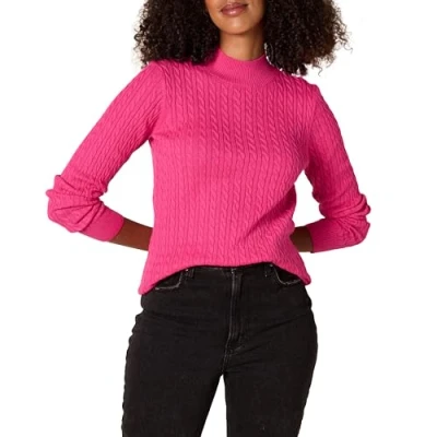 Imagen de Amazon Essentials Jersey Trenzado Ligero de Manga Larga con Cuello Perkins y Corte Clásico Mujer, Rosa Brillante, XXL