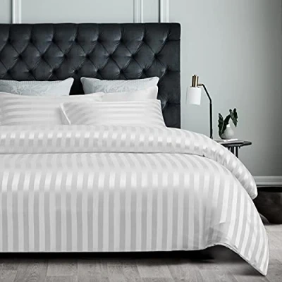 Imagen de Damier Juego de Cama 135 x 200 cm, Color Blanco Satinado, Funda nórdica con Cremallera y 1 Almohada 80 cm