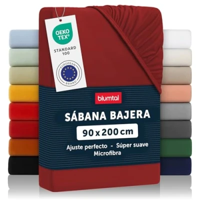 Imagen de Blumtal Basics Sábana Bajera Ajustable de Microfibra Cepillada para colchón 25 27 cm Altura, Cama 90: 90 x 200 30 cm, Rojo Oscuro