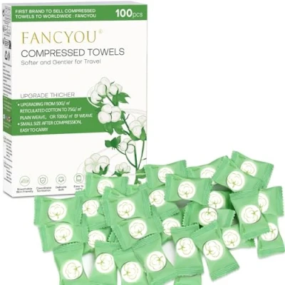 Imagen de Fancyou Toallas Comprimidas Desechable en Pastillas PortáTiles 100 Piezas,Toallitas Mini Espesadas,Toallas Faciales Pequeñas De Cara para Viajes,Belleza Salón Deportes al Aire Libre(Verde)