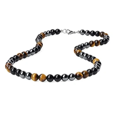 Imagen de GAVU Collar de Hombre Piedras Naturales y Cristales Curativos con Cuentas 8mm Hematita Ojo Tigre Obsidiana 60cm