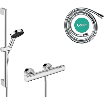 Imagen de hansgrohe Pulsify Select S, set de ducha ahorro agua con termostato para Ecostat Element, mano 8,2 l/min (EcoSmart), barra 65cm, flexo, soporte, cromo, 24272000