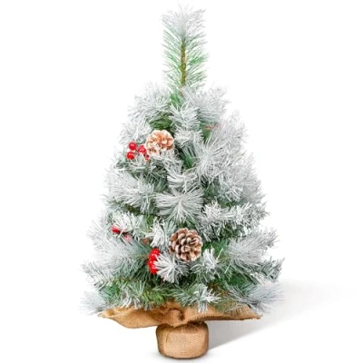 Imagen de 60 cm/2ft Mini Árbol de Navidad Mesa Artificial 80 Puntas, Pequeño con Decoración Copos Nieve, Piñas, Frutos Rojos, Lino, Algodón y Base Cemento para Navideñas