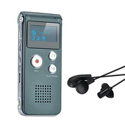 Imagen de Covvy Grabadora de Voz Dictáfono LCD USB Digital Profesional Portátil Reproductor MP3 Larga Duración Batería Recargable 8GB (Plateado)