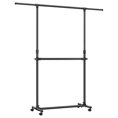 Imagen de SONGMICS Burro de Ropa con Doble Barra, Perchero Ruedas Extensible, Altura Ajustable 113 180 cm, Barra Central Ajustable, Negro LLR401B01