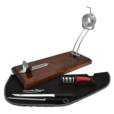 Imagen de JAMONERA Giratorio Y Plegable Hilton + Set Negro Soporte JAMONERO Base Madera LACADA Nogal Oscuro para Jamon Paleta O PALETILLA Regalo Cuchillo CHAIRA AFILADOR Cubre LepantoHouse