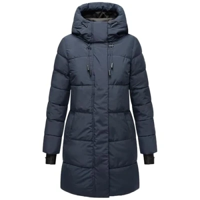 Imagen de MARIKOO abrigo de invierno para mujer material reciclado cálido largo con capucha ajustable y detalles reflectantes Kaituu XVI XS 6XL, azul marino, S