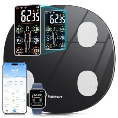 Imagen de Báscula Grasa corporal de Baño,Actualizado Básculas INSMART, inteligentes digitales Bluetooth con función frecuencia cardíaca, equilibrio para fitness (180 kg)(Negro)
