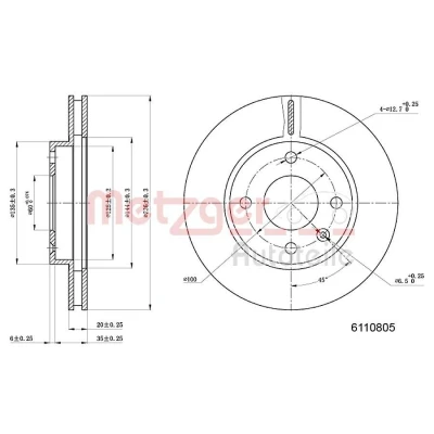Imagen de METZGER 6110805 Disco de freno Eje delantero 236 20 4 100 ventilación interna barnizado, Lijado en cruz con tornillos