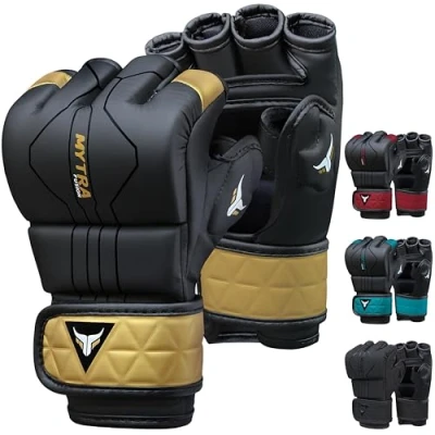 Imagen de Mytra Fusion Guantes MMA con Palma Abierta ventilada Guantillas Kickboxing, Grappling, Entrenamiento, Lucha en Jaula de Artes Marciales Mixtas (M, Black/Gold)