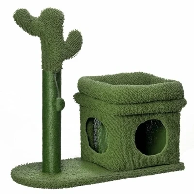 Imagen de PawHut Árbol Rascador para Gatos Diseño de Cactus Altura 67 cm Torre con Cama Caseta Felpa Poste Sisal y Bola Colgante 68x30x67 Verde