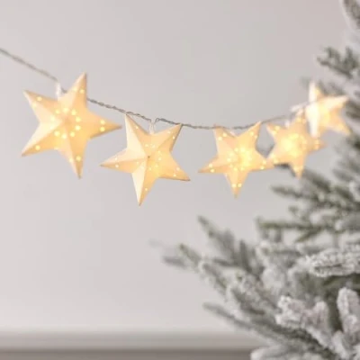 Imagen de Lights4fun Guirnalda de Luces con 10 Estrellas Papel Blanco LED Cálido a Pilas y Temporizador Decoración Navideña Interiores