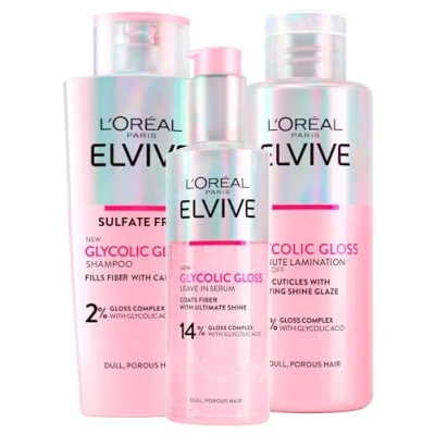 Imagen de L&#039;Oréal Paris Elvive Glycolic Gloss Champú Pelo 200ml + Sérum Sin Aclarado 150ml Tratamiento Laminador 5 Minutos Set Cabellos Porosos Deslustrados Brillo Intenso y Duradero 3 Frascos