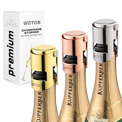 Imagen de WOTOR 3 Piezas Tapon Botella Cava de Acero Inoxidable, Tapón Champán con Boca Sellada Grado Alimenticio, Prosecco, Evitar Fugas y Mantenerse Fresco (Tricolor)
