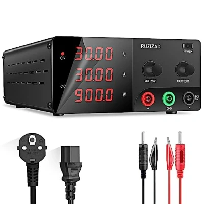 Imagen de RUZIZAO Fuente de Alimentación Regulable 30V 30A 900W, Alta Potencia Laboratorio Banco con Mando Codificador, CC Pantalla LED 4 Dígitos