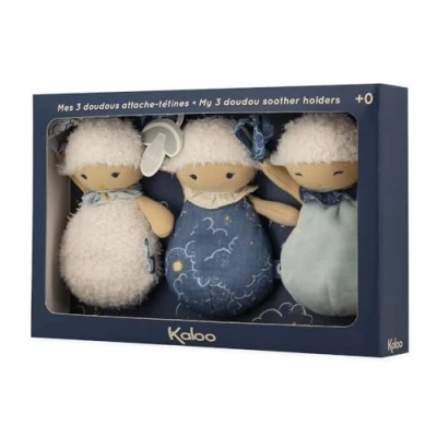 Imagen de KALOO Doux Sommeil 3 Doudous Chupeteros Dudús Pequeños Ovejas Sujetachupetes de Bebé 15 cm Azul y Blanco Desde el Nacimiento, K221001