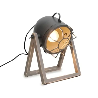 Imagen de Alpinaluz Lámpara de Mesa Industrial con Foco Proyector E27, Base Madera Natural Gris y Cabezal Orientable para Salón Mesita Noche