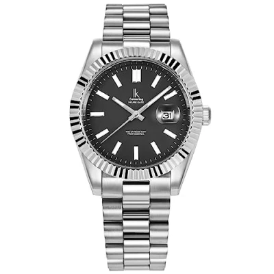 Imagen de Alienwork Reloj Hombre Mujer Plateado Pulsera de Metal Acero Calendario Fecha Negro Clásico Elegante