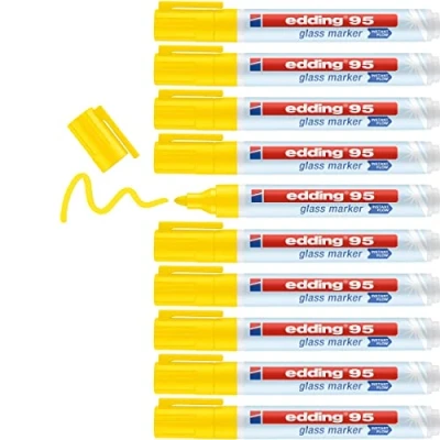 Imagen de edding 95 marcador para cristal amarillo 10 rotuladores borrable vidrio punta redondeada 1,5 3 mm escribir y marcar en ventanas pizarras de borrado seco
