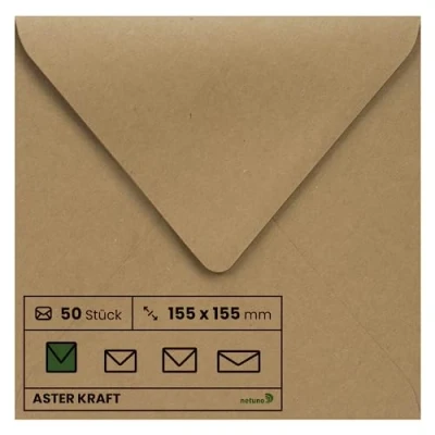 Imagen de Netuno 50x sobres cuadrados marrones de papel Kraft DIN K4 155x155mm 100g Aster solapa puntiaguda engomada sin ventana ECO reciclados para invitaciones tarjetas boda bautizo Navidad regalo vales